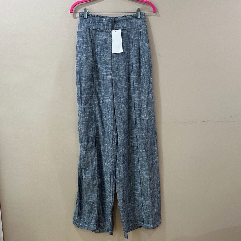 Zara Linen Blend Blue Wide Leg Pleated Pants Trouser Womens XS Coastal Boho NWT